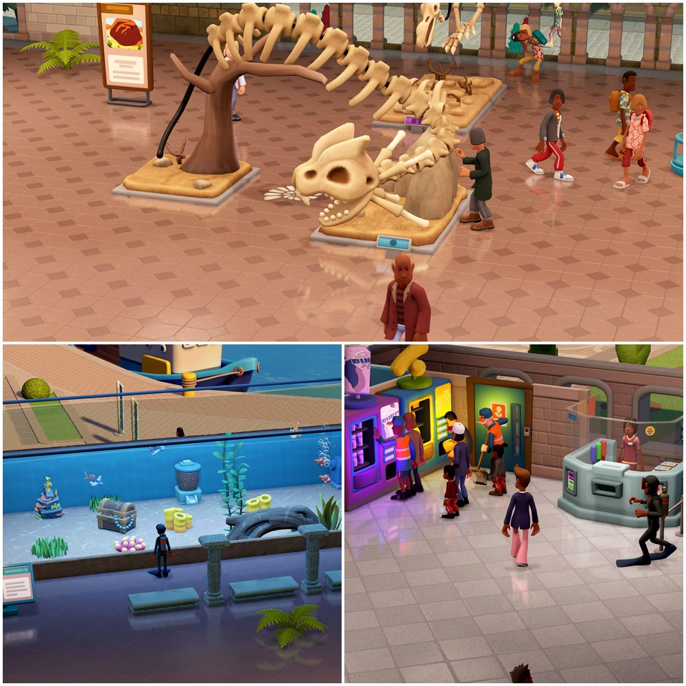 Screenshot aus Two Point Museum mit Ausstellungsräumen, Exponaten und Besuchern in einem aufgebauten Museum.
